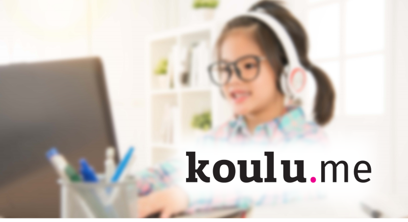 Koulu.me logo and a picture of a child learning on a computer