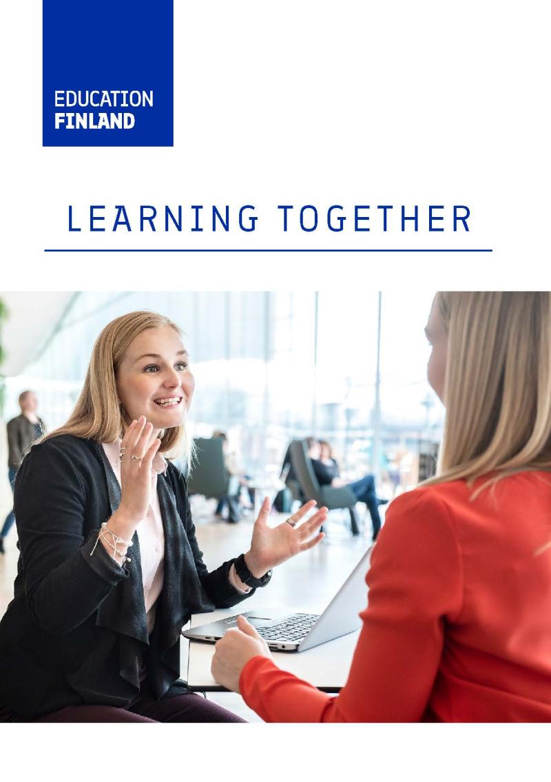 Cover of the brochure Learning Together, with a picture of two experts in lively discussion.